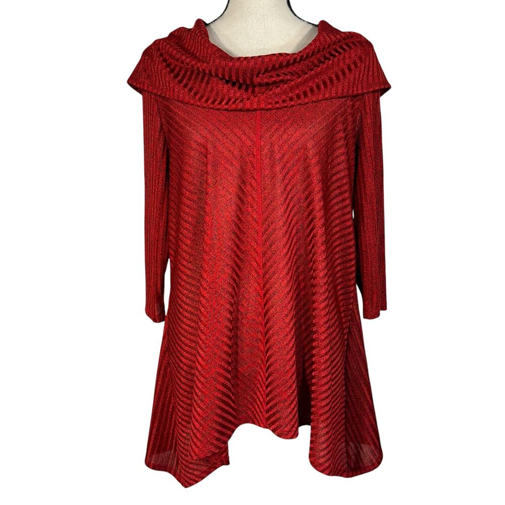 Nygard Petite Large Tunic Top Cowl Neck Shark-Bite Hem 3/4 Sleeve Stretch Stripe
